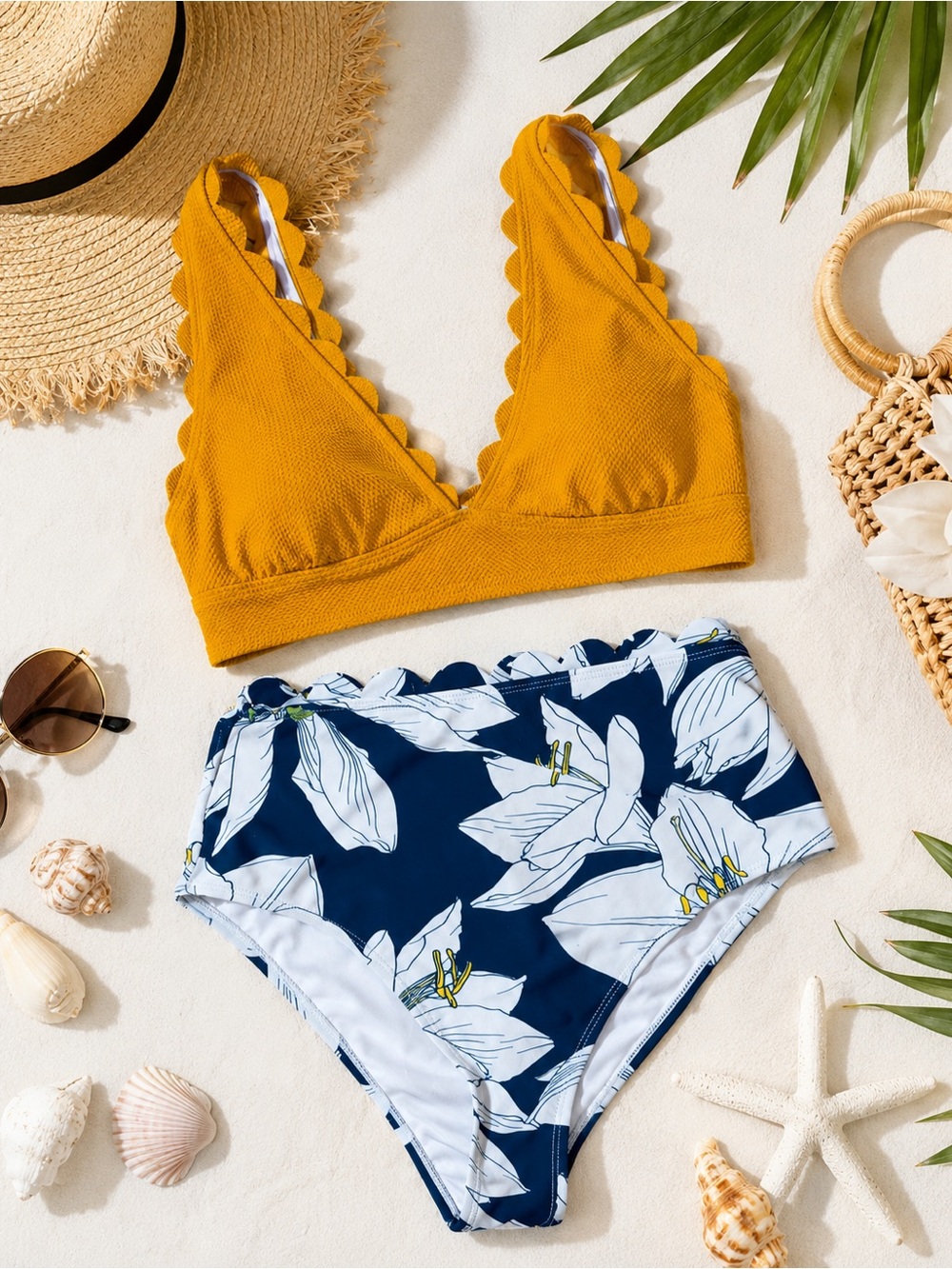 Cupshe Mustard Yellow Scallop Bralette & Navy Floral High-Waist Bikini Set